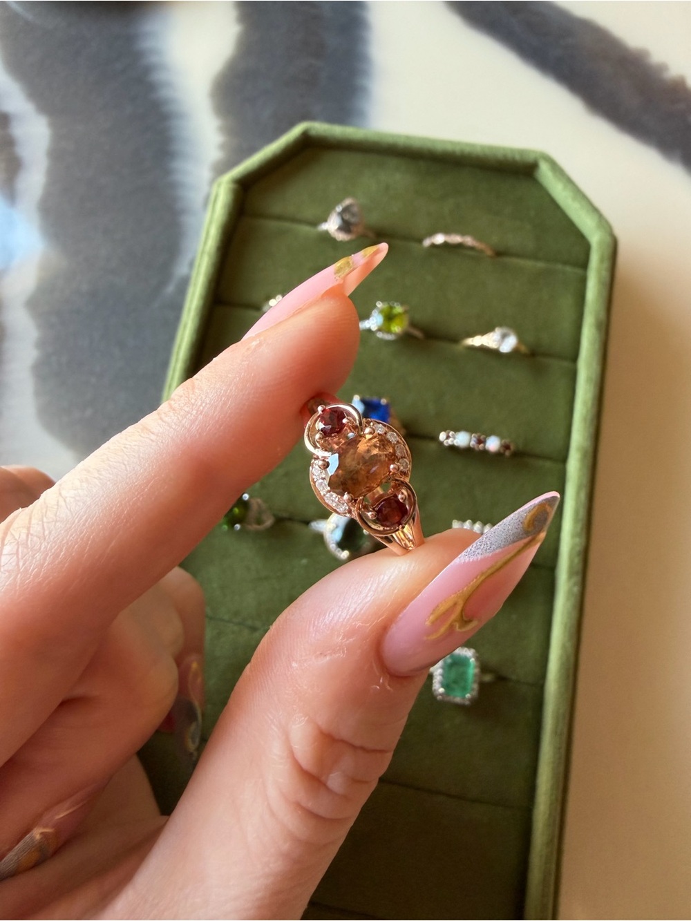 10k Rose Gold Ring with Topaz, Garnet and Diamonds